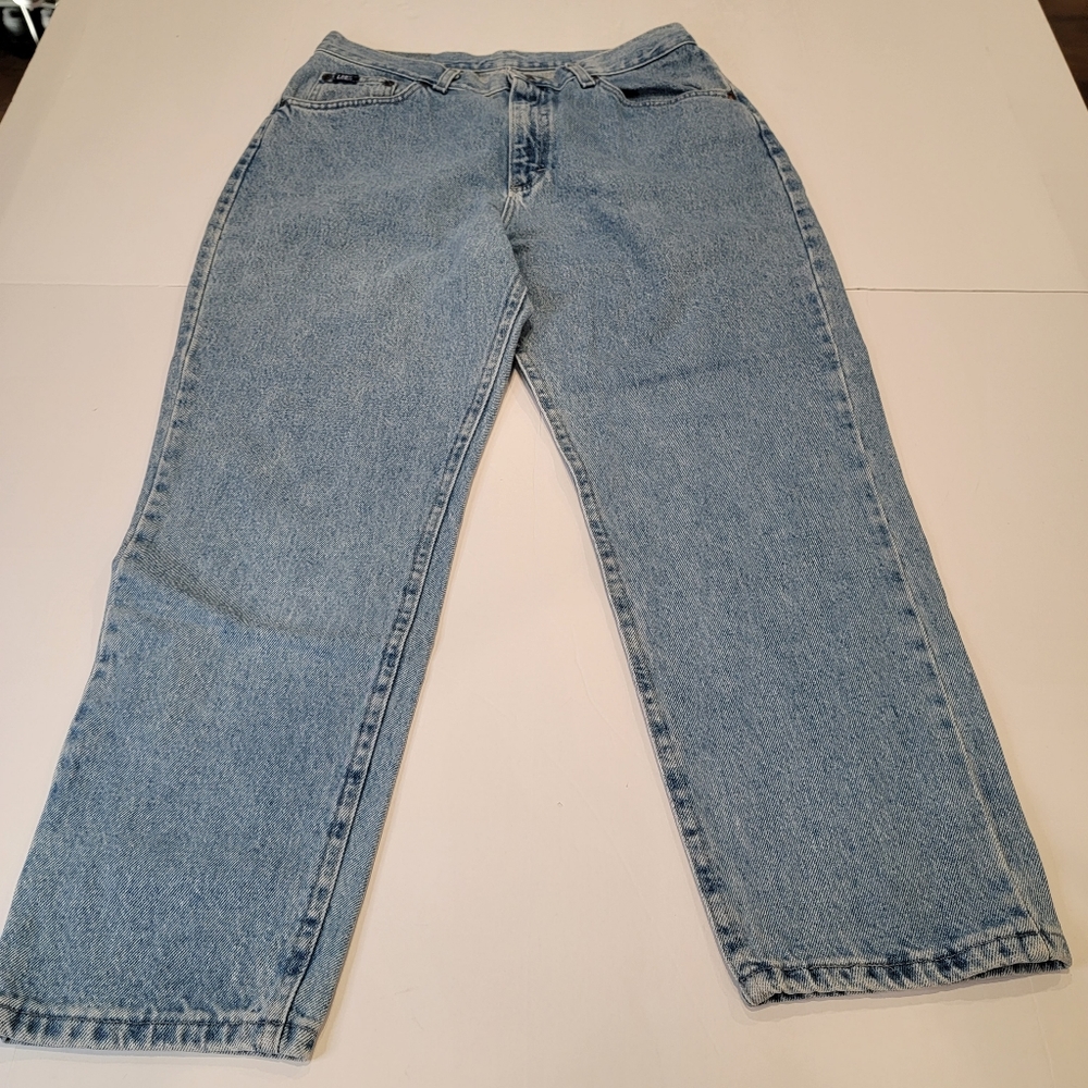 Vintage Lee High-Rise Mom Jeans Light Wash Leather Lee Patch Size 18   P